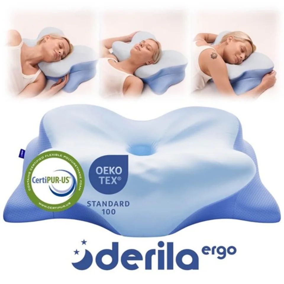 Derila ERGO pillow shown from several angles with sleeping-position demonstrations and certification marks